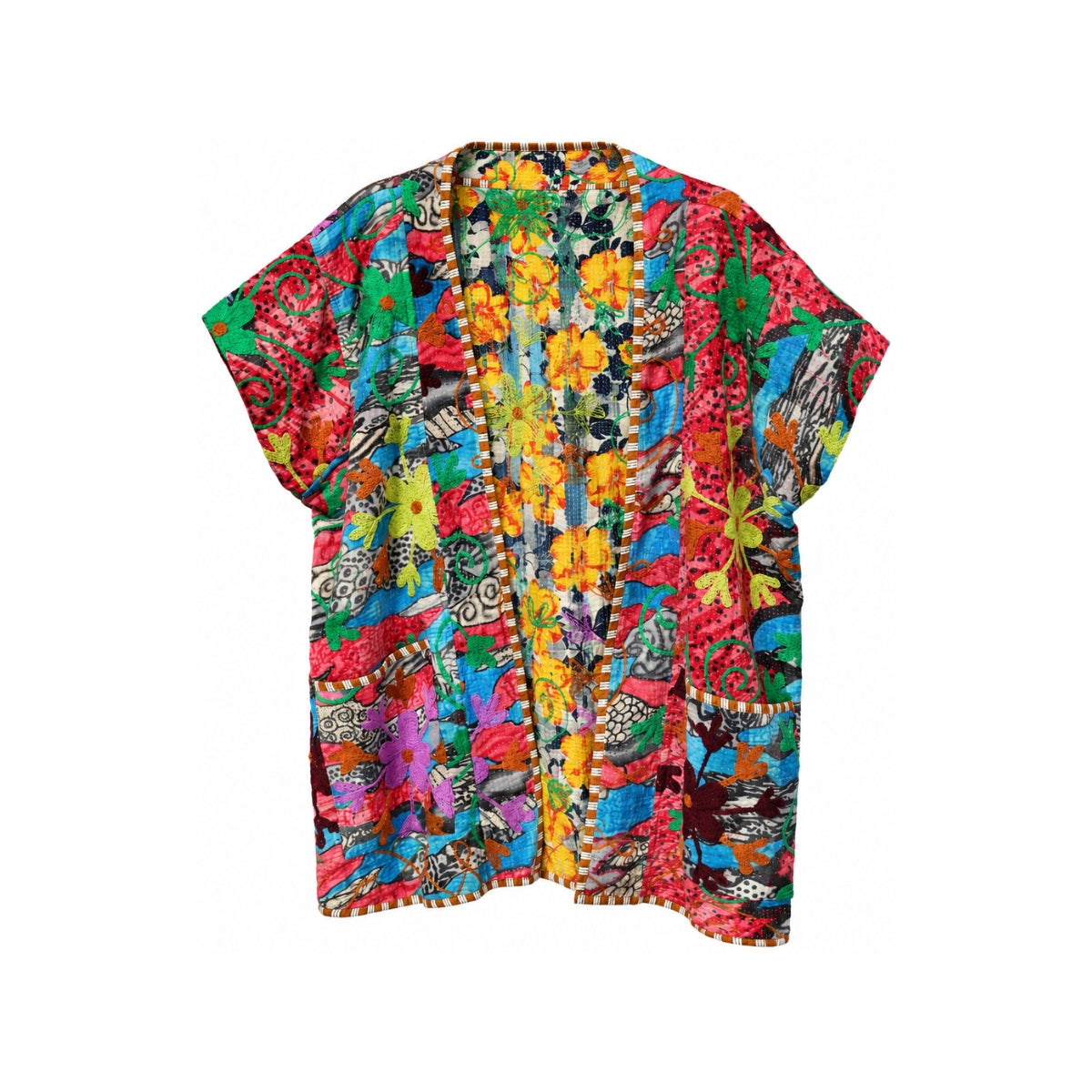 You & Eye Vintage Red Floral Quilted Kantha Vest with Pockets