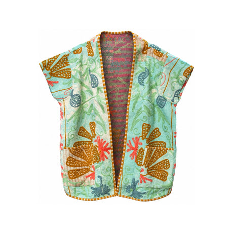 You & Eye Vintage Mint Floral Quilted Kantha Vest with Pockets
