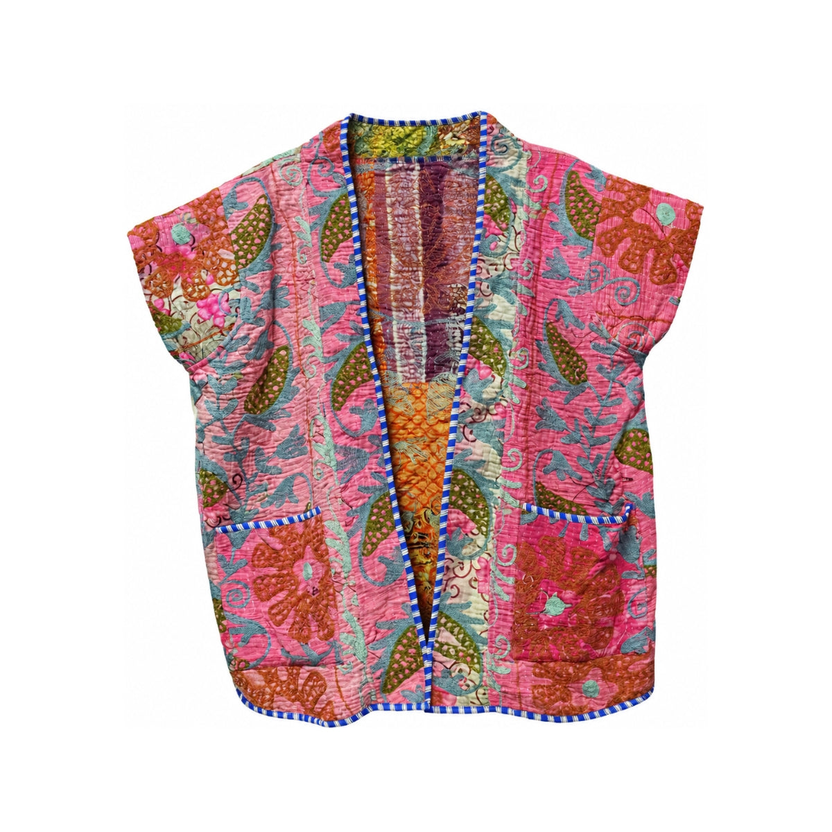 You & Eye Vintage Pink Floral Quilted Kantha Vest with Pockets