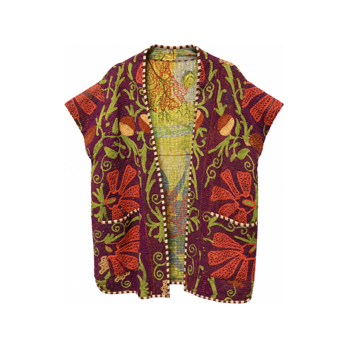 You & Eye Vintage Deep Plum Exotic Blooms Quilted Kantha Vest with Pockets