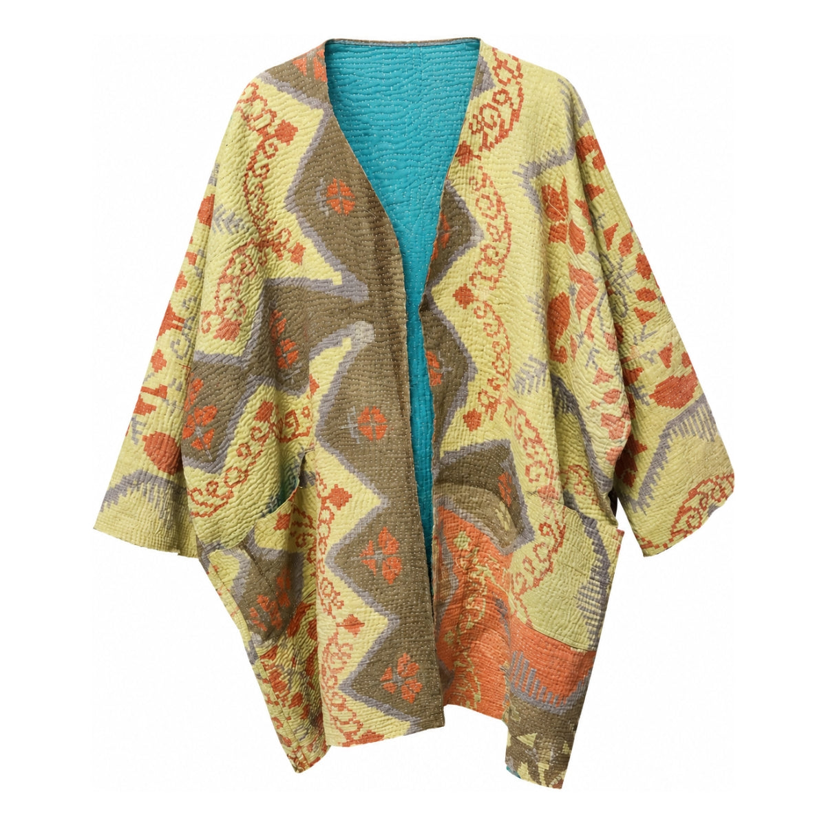 You & Eye Vintage Tribal Pattern Quilted Kantha Patchwork Reversible Long Jacket