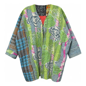You & Eye Vintage Green & Blue Roses Quilted Kantha Patchwork Reversible Long Jacket