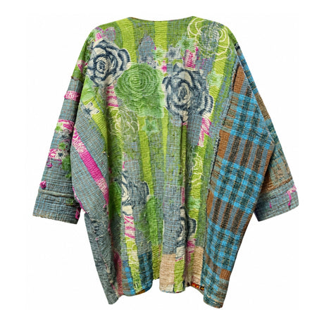 Vintage Green & Blue Roses Quilted Kantha Reversible Jacket