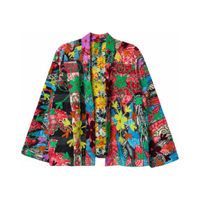 You & Eye Vibrant Kantha Quilted Jacket with Green Embroidered Flowers