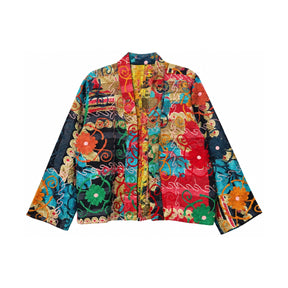 You & Eye Vibrant Kantha Quilted Jacket with Multicolor Embroidered Flowers
