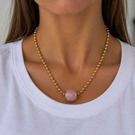 Pink Cylinder Charm Ball Chain Necklace