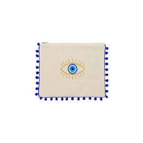 Mellow Blue Pompom Eye Embroidered Pouch | Boom & Mellow