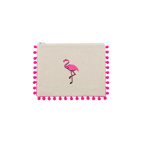 Mellow Pink Pompom Famingo Embroidered Pouch | Boom & Mellow