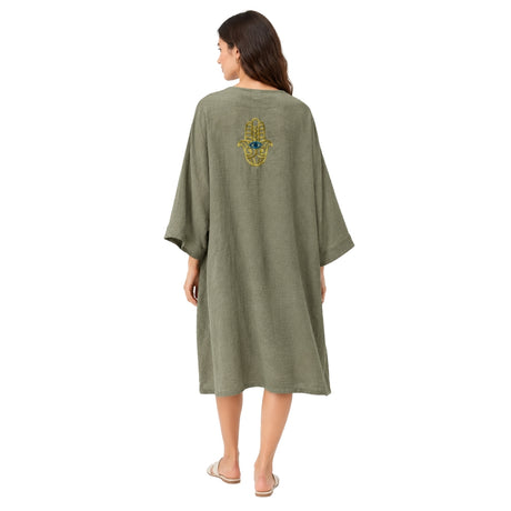 Mellow Sage Green Hamsa Hand Embroidered Kimono | Boom & Mellow