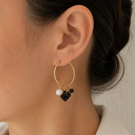Dangling Onyx and Pearl Charm Hoop Earrings