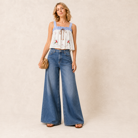 Floral Vintage Embroidery Drawstring Top
