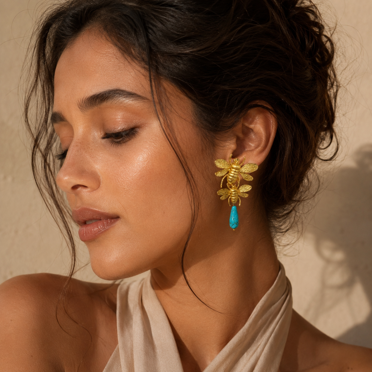 Bee Earrings with Blue Stone Drop