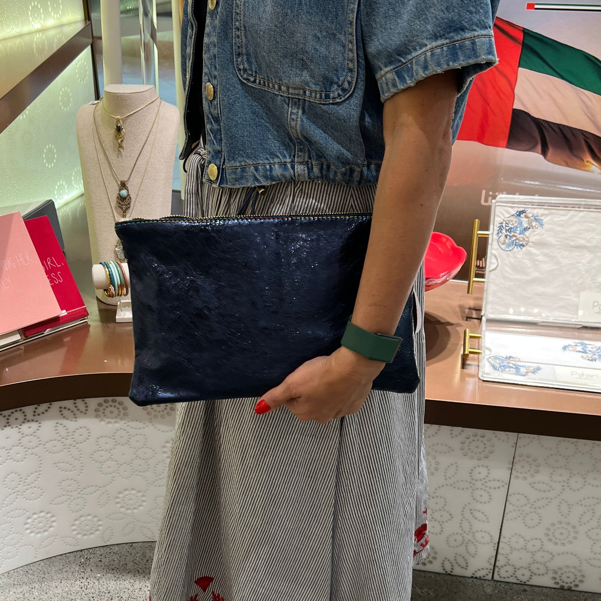 Floral Pattern and Metallic Leather Clutch