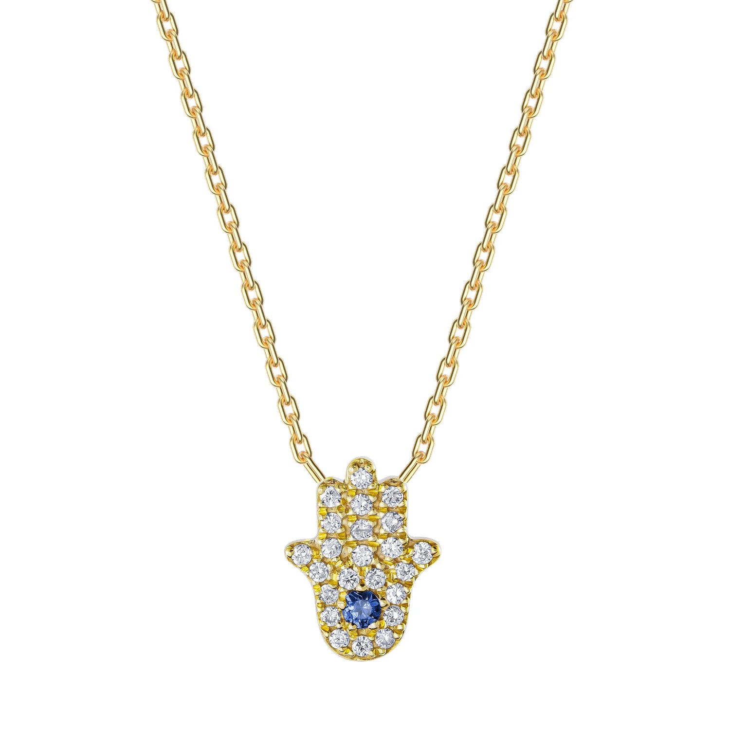 Kefi Jewelry 18k Yellow Gold Pave Hamsa Blue Sapphire Necklace