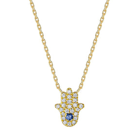 Kefi Jewelry 18k Yellow Gold Pave Hamsa Blue Sapphire Necklace