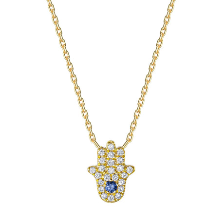 Kefi Jewelry 18k Yellow Gold Pave Hamsa Blue Sapphire Necklace
