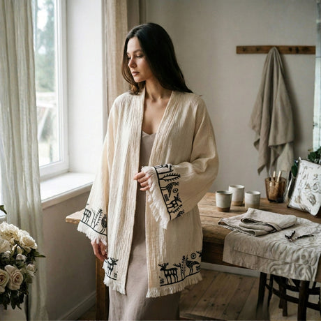 Woman wearing a cream-colored short kimono with black printed patterns in a cozy room.