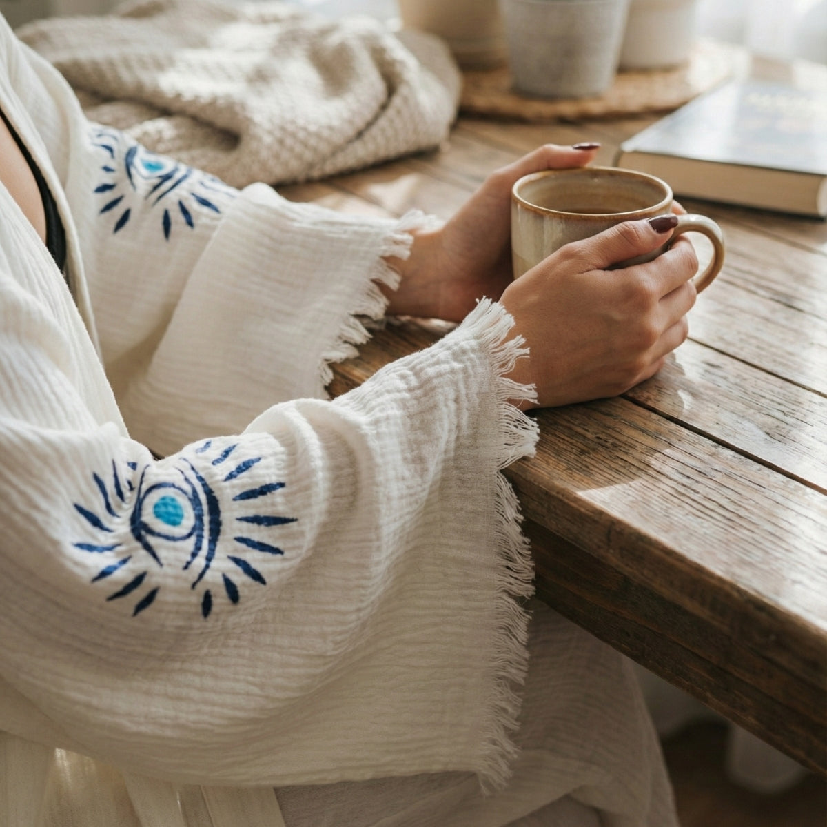 Zerla Studio Ivory and Blue Aegis Kimono
