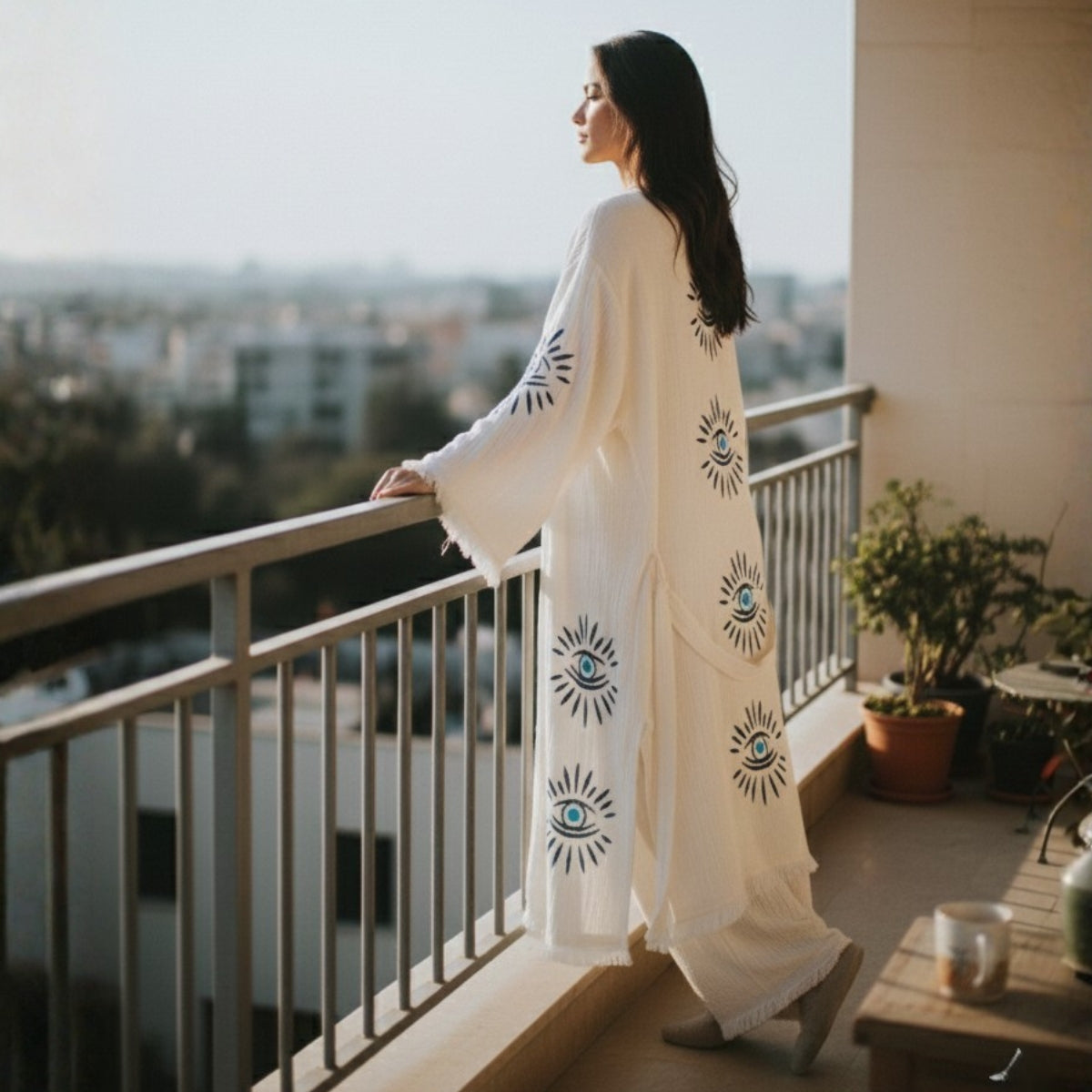Zerla Studio Ivory and Blue Aegis Kimono