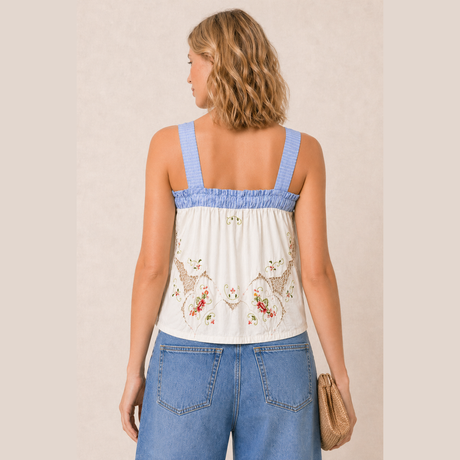 Floral Vintage Embroidery Drawstring Top