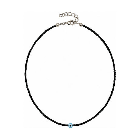 Black beaded choker necklace with a single pale blue evil eye glass bead accent, adjustable lobster clasp closure, minimal layering necklace