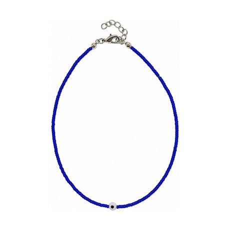 Blue beaded choker necklace with a single evil eye bead accent, adjustable lobster clasp closure, minimal layering necklace