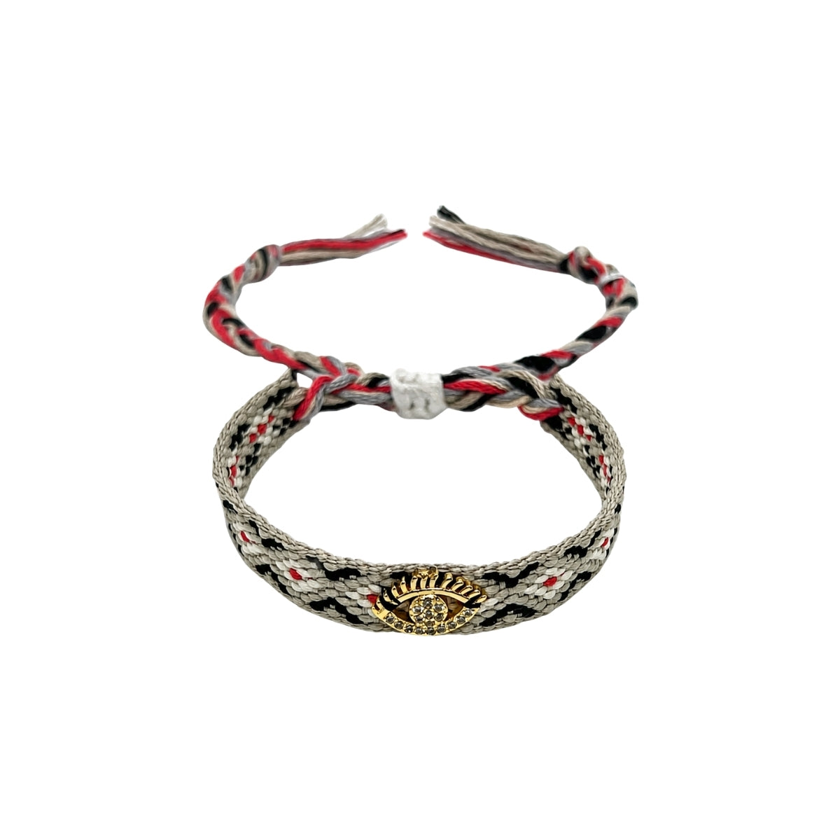 Woven friendship bracelet in grey black and red geometric pattern with gold evil eye charm and crystal detail, adjustable pull cord closure