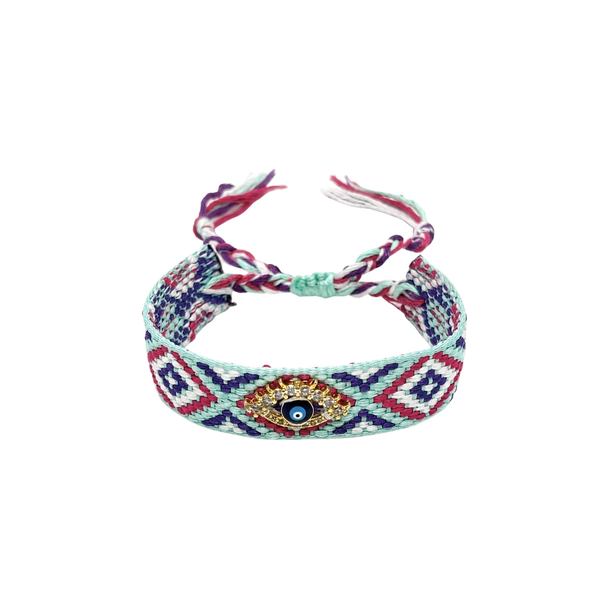 Woven friendship bracelet in mint navy and red geometric pattern with blue enamel evil eye charm and crystal detail, adjustable pull cord closure