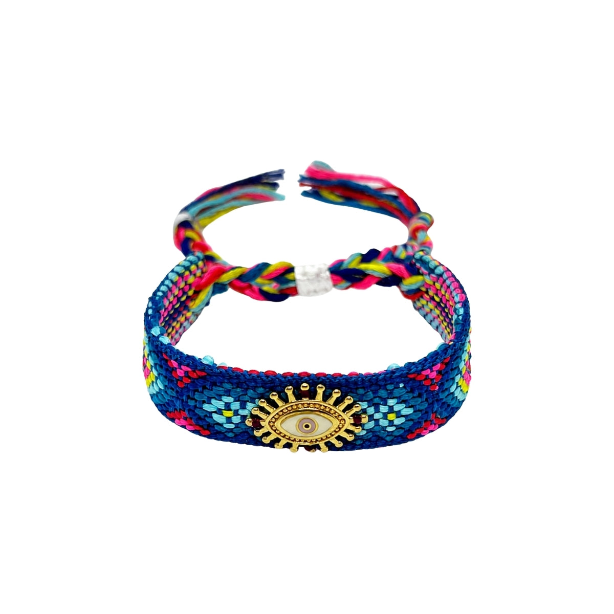 Woven friendship bracelet in navy pink and multicolor geometric pattern with gold sunburst evil eye charm, adjustable pull cord closure