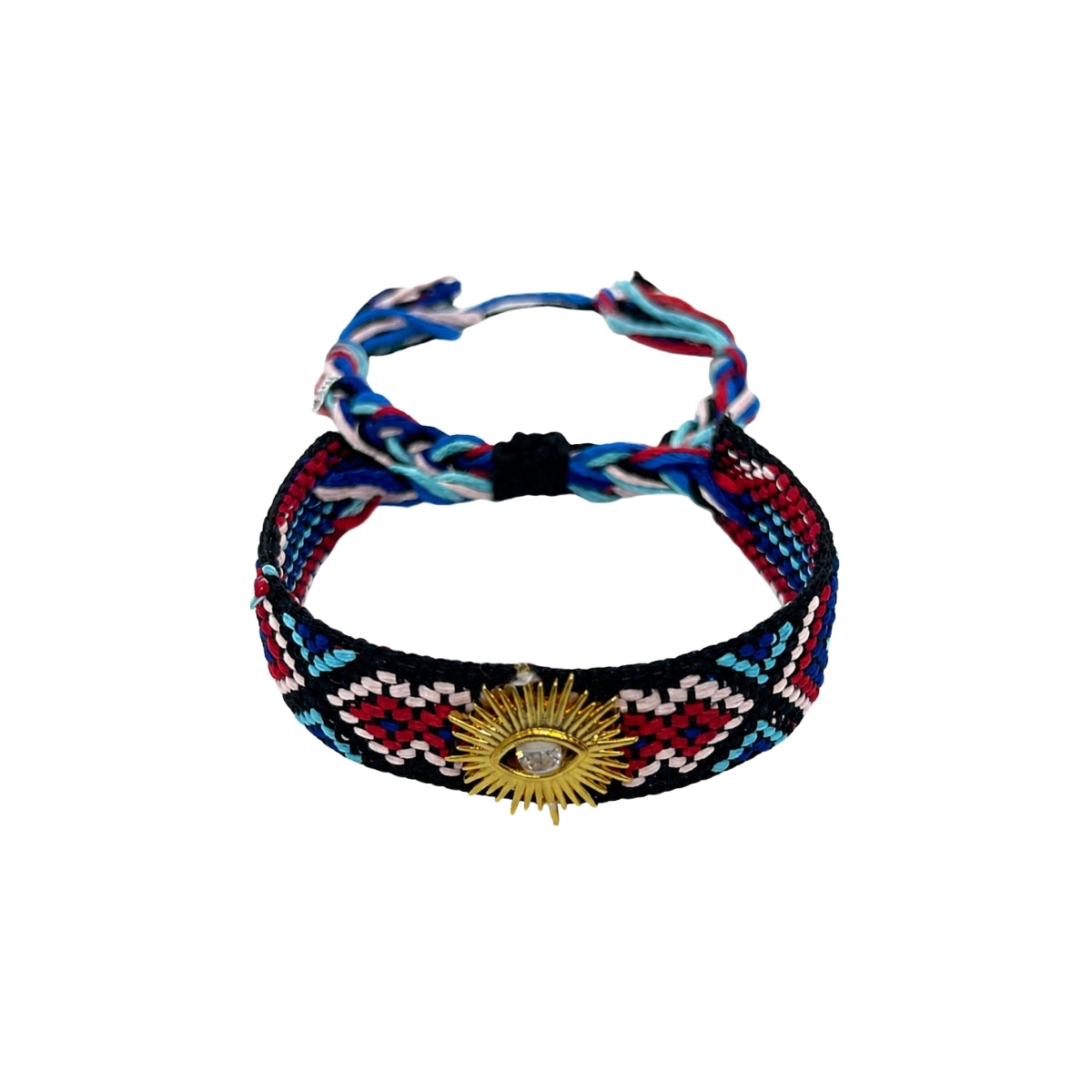 Woven friendship bracelet in navy and red multicolor pattern with gold sunburst charm, adjustable pull cord closure