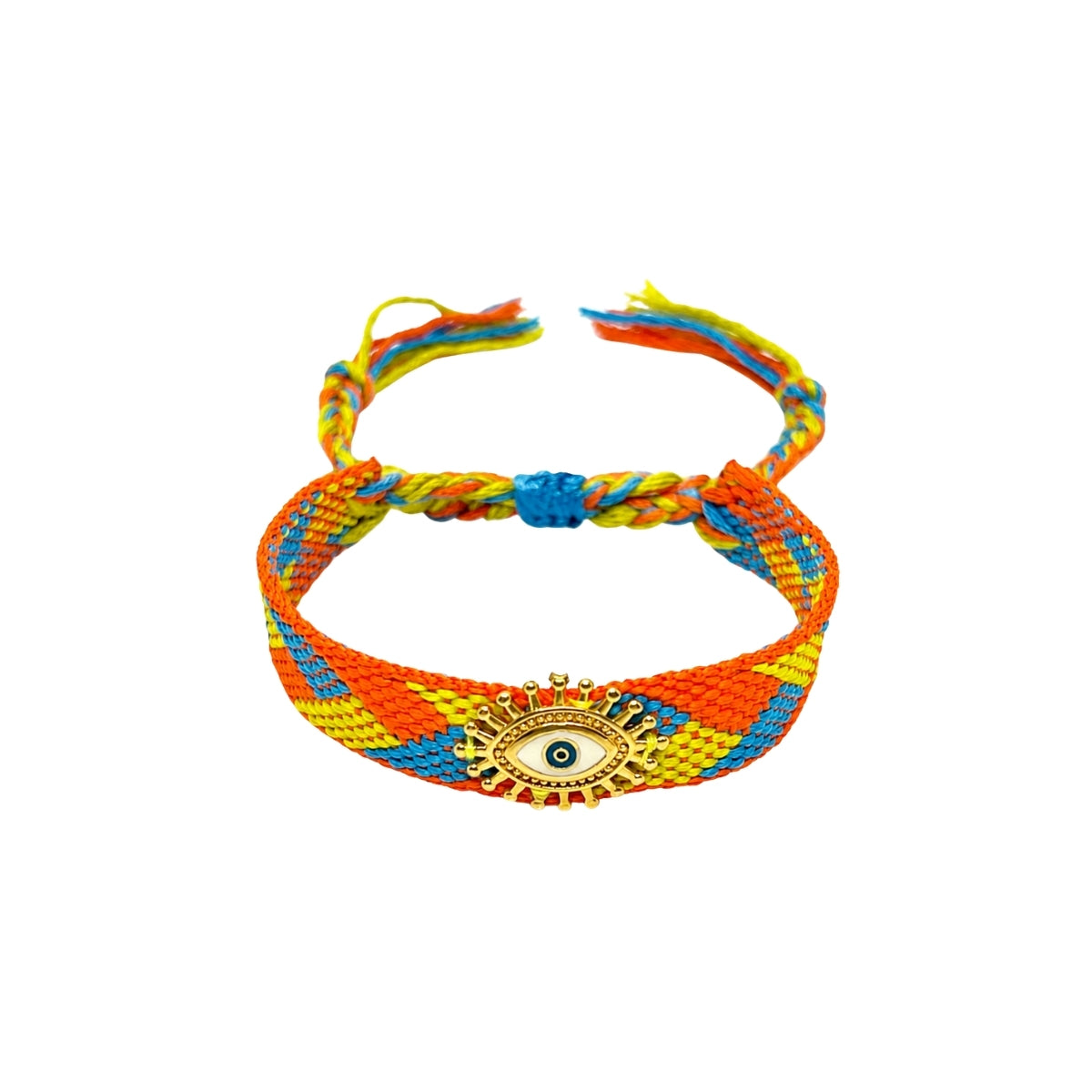 Woven friendship bracelet in orange yellow and blue zigzag pattern with gold sunburst evil eye charm, adjustable pull cord closure