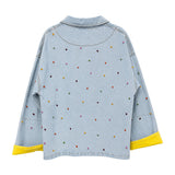 Flat back view of the Boutique Flo Confetti Embroidered Light Denim Jacket, displaying the full scatter of embroidered confetti dots and yellow cuff detail