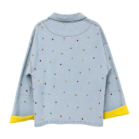 Flat back view of the Boutique Flo Confetti Embroidered Light Denim Jacket, displaying the full scatter of embroidered confetti dots and yellow cuff detail