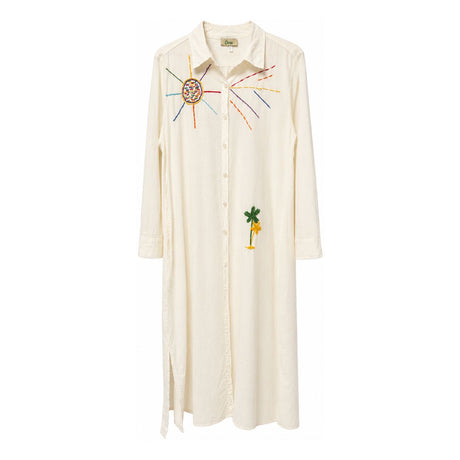 Flat front view of the Boutique Flo Good Vibes Embroidered White Shirt Dress, showing the embroidered sun motif at the chest, palm tree detail, collar, and button-through front