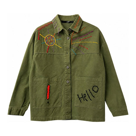 Flat front view of the Boutique Flo Peace Embroidered Green Jacket, displaying the embroidered sun motif, colored dashes, utility pockets, and hand-stitched Hello detail