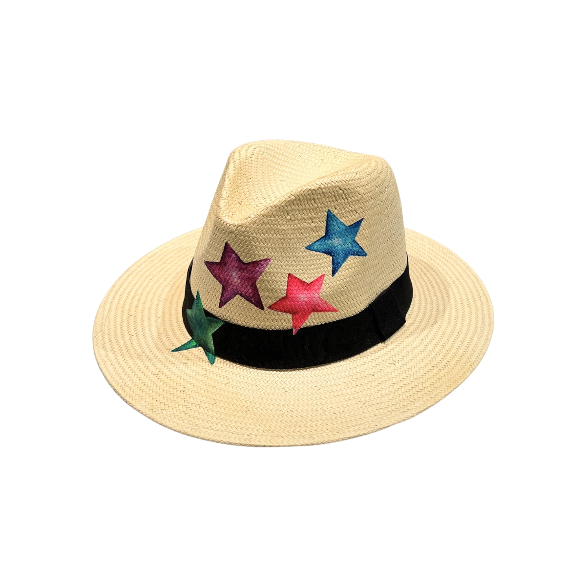 Front view of the City Girl Hand-Painted Colored Stars Wide Rim Hat, showcasing the natural woven straw crown with hand-painted stars in blue, magenta, pink, and green above a black grosgrain band