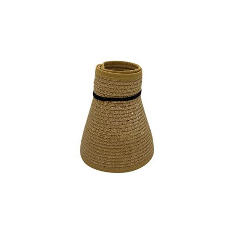Compact rolled-up view of the City Girl packable colorful feathers straw sun visor hat folded tightly and secured with a black elastic band for easy travel storage