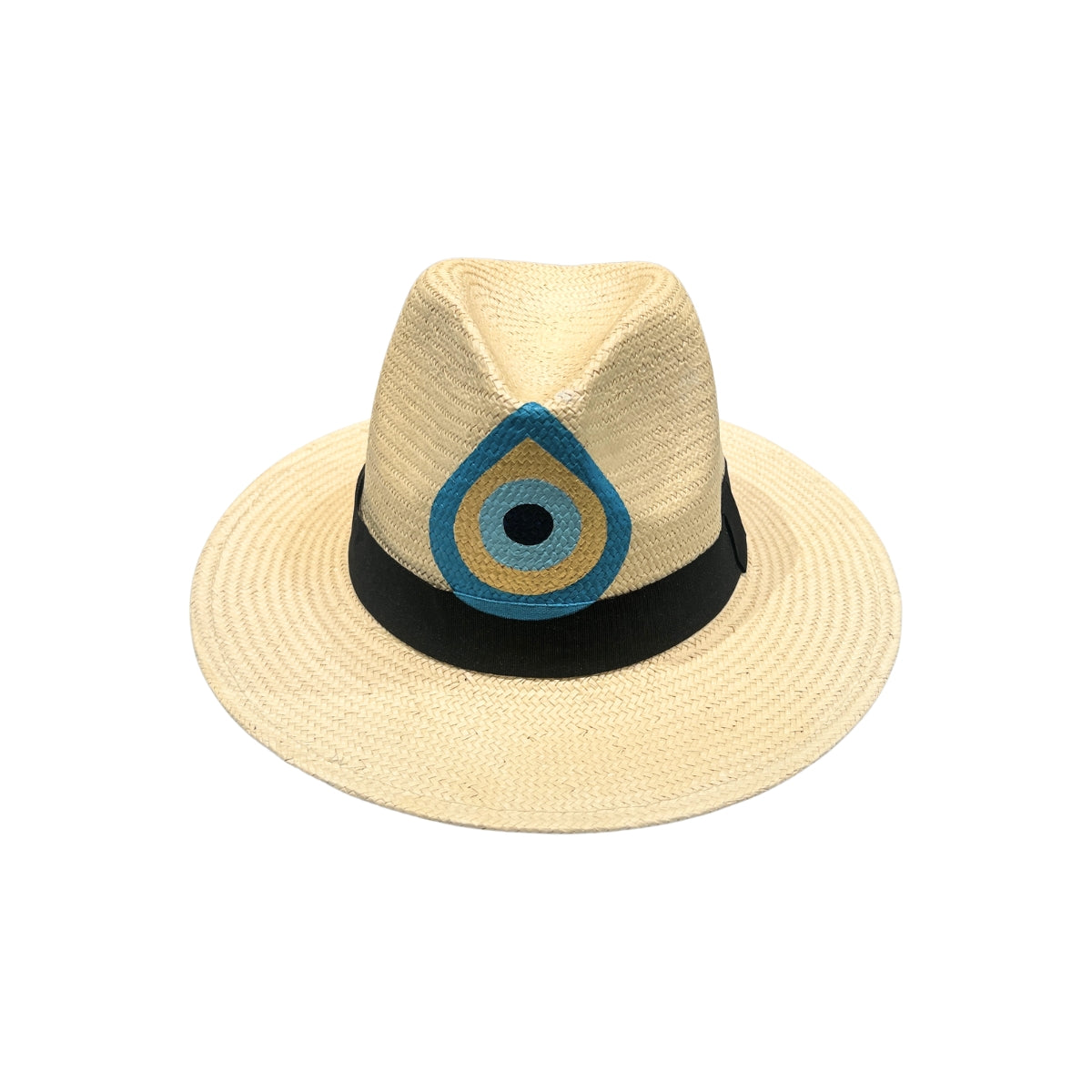 Front view of the City Girl Hand-Painted Evil Eye Wide Rim Hat, displaying the teardrop evil eye motif centered on the crown above the black grosgrain band and wide shading brim
