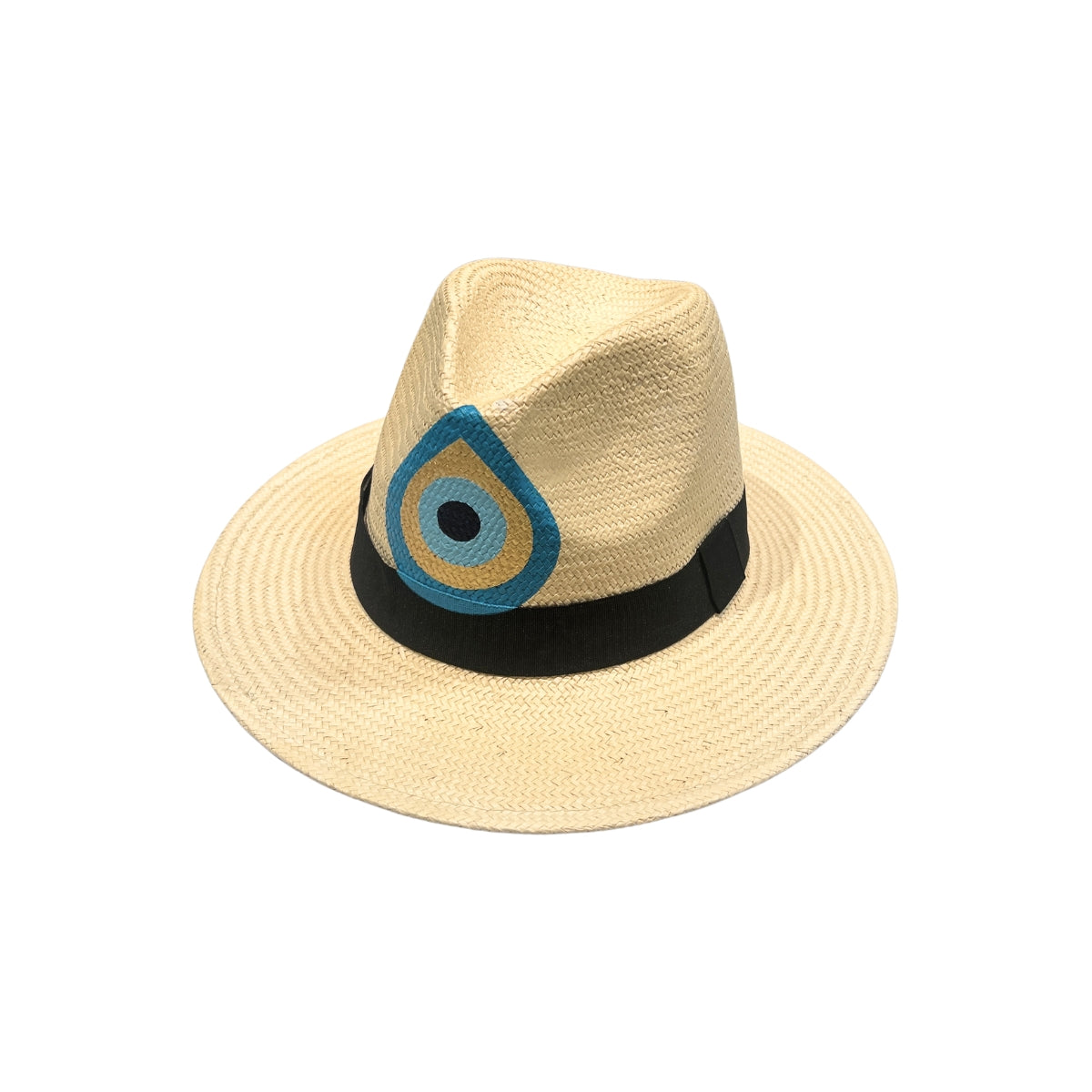 Side view of the City Girl Hand-Painted Evil Eye Wide Rim Hat, showcasing a hand-painted teardrop evil eye in turquoise, gold, and blue on the natural woven straw crown above a black grosgrain band