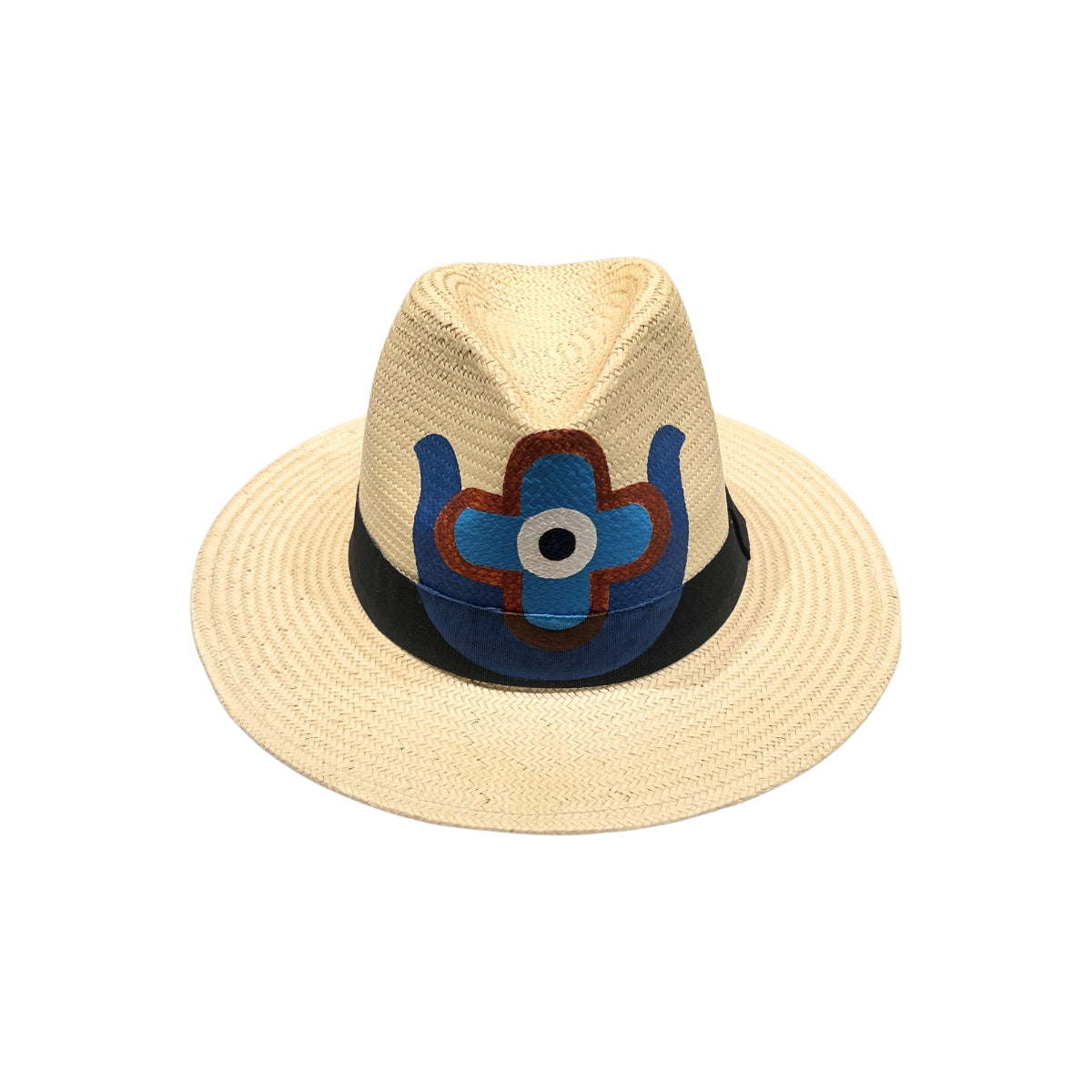 Front view of the City Girl Hand-Painted Hand of Fatima Wide Rim Hat, displaying the symbolic hand and eye motif centered on the crown above the black grosgrain band and wide shading brim
