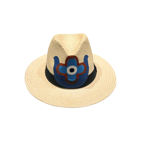 Front view of the City Girl Hand-Painted Hand of Fatima Wide Rim Hat, displaying the symbolic hand and eye motif centered on the crown above the black grosgrain band and wide shading brim