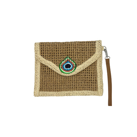 Front view of the City Girl Hand-Painted Peacock Feather Straw Clutch Bag, showcasing the open-woven straw body with cream raffia trim and a vivid hand-painted peacock eye motif in turquoise, cobalt, and green at the center of the envelope flap