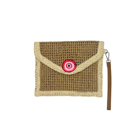 Front view of the City Girl Hand-Painted Pink Evil Eye Straw Clutch Bag, showcasing the woven straw body with cream raffia trim and a vivid hand-painted pink evil eye at the center of the envelope flap closure