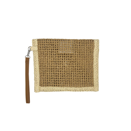 Back view of the City Girl hand-painted purple evil eye woven straw wristlet clutch bag showing the tan leather wrist strap and polished silver clasp hardware