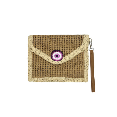 Front view of the City Girl Hand-Painted Purple Evil Eye Straw Clutch Bag, showcasing the open-woven natural straw body with cream raffia trim and a vivid hand-painted purple evil eye motif in violet, white, and black at the center of the envelope flap closure