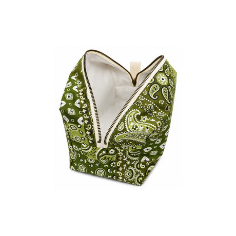 Open top view of the Cofin Paris Large Louise Green Bandana Toiletry Bag showing its spacious interior lined with waterproof fabric.