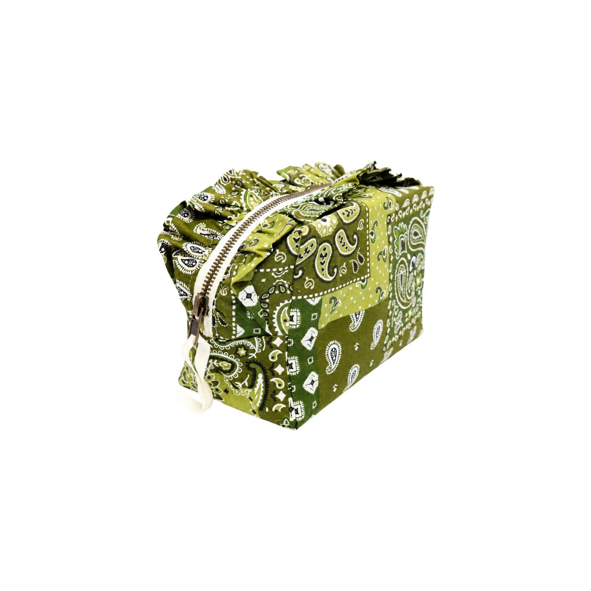 Three-quarter view of the Cofin Paris Medium Louise Green Bandana Toiletry Bag showcasing the ruffled closure and green bandana pattern.