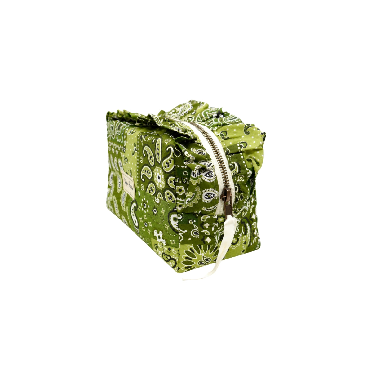 Side view of the Cofin Paris Medium Louise Green Bandana Toiletry Bag showing its ruffled top edge, metal zipper, and white ribbon pull.