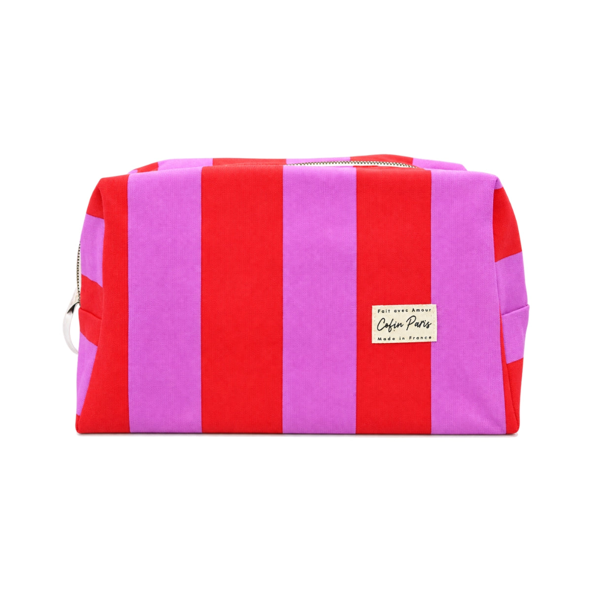 Front view of the Cofin Paris XL Paola Striped toiletry bag featuring red and pink cotton cabana stripes and woven logo tag.