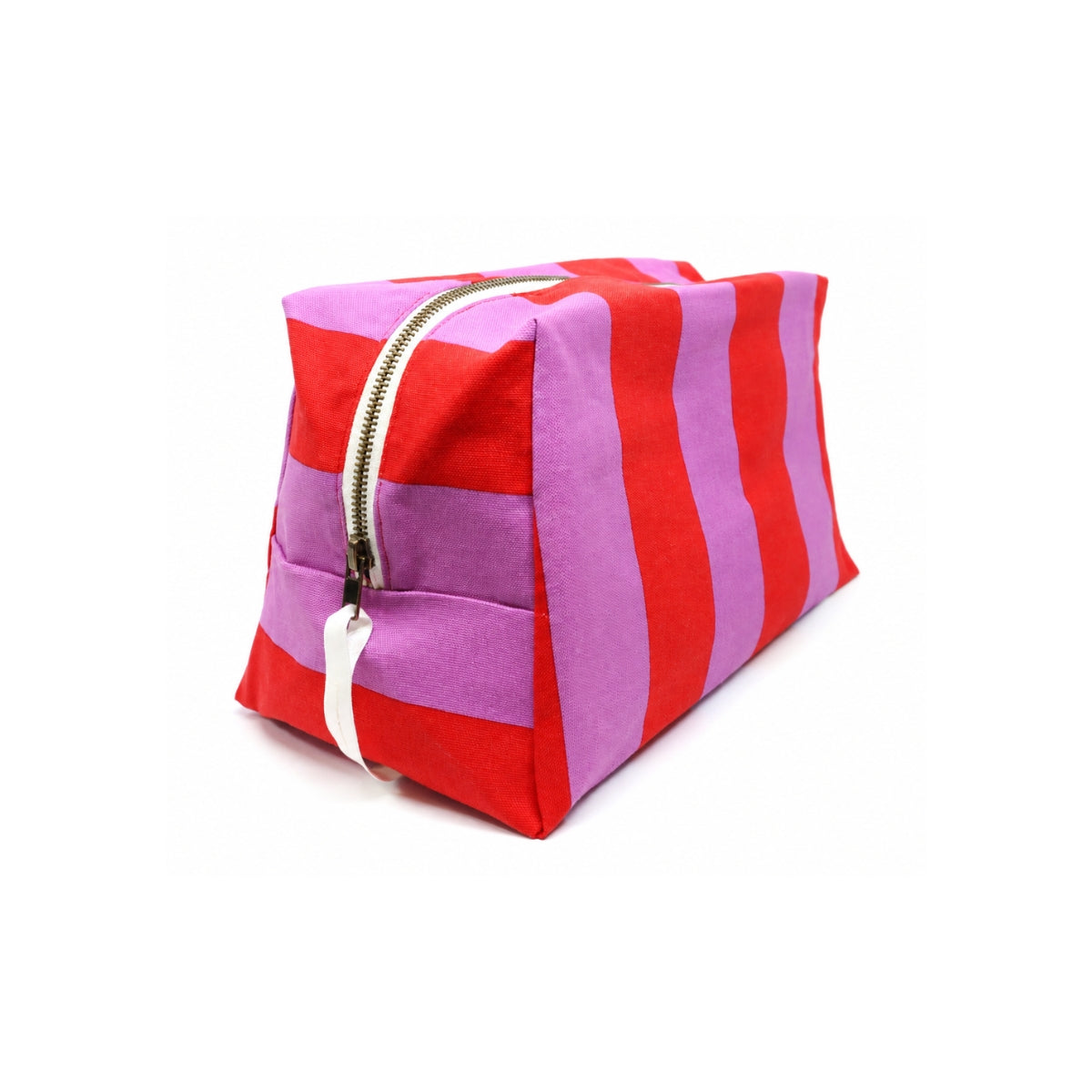 Open top view of the XL Paola Striped toiletry bag showing the spacious white waterproof lining and wide zip opening.